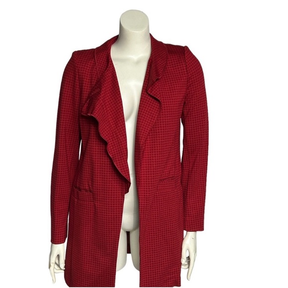CAbi 3546 Celebration Houndstooth Red Ponte Long Jacket Coat Front Ruffle Large - Picture 11 of 16